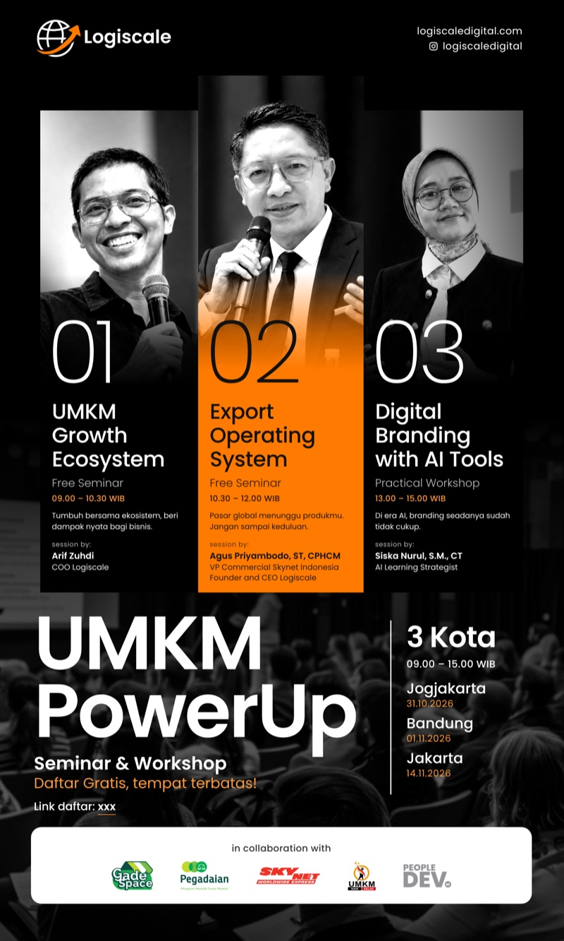Poster UMKM PowerUp — seminar & workshop 3 kota